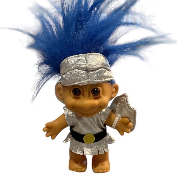 RUSS Gladiator Spartan Troll 5" Doll Blue Hair Silver Garb Vintage NO Sword - Picture 1 of 6